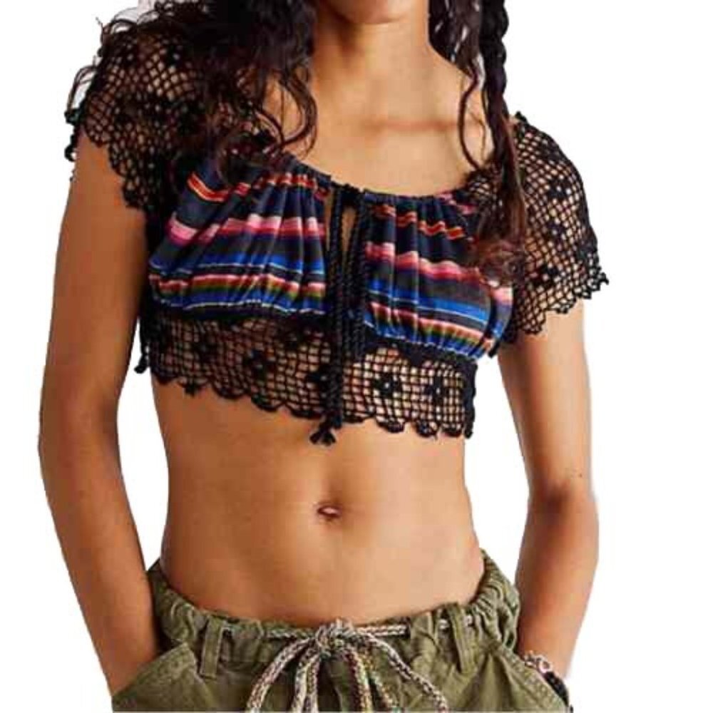NEW Free People Aruba Crochet Multicolor Striped Crop Top Sz S